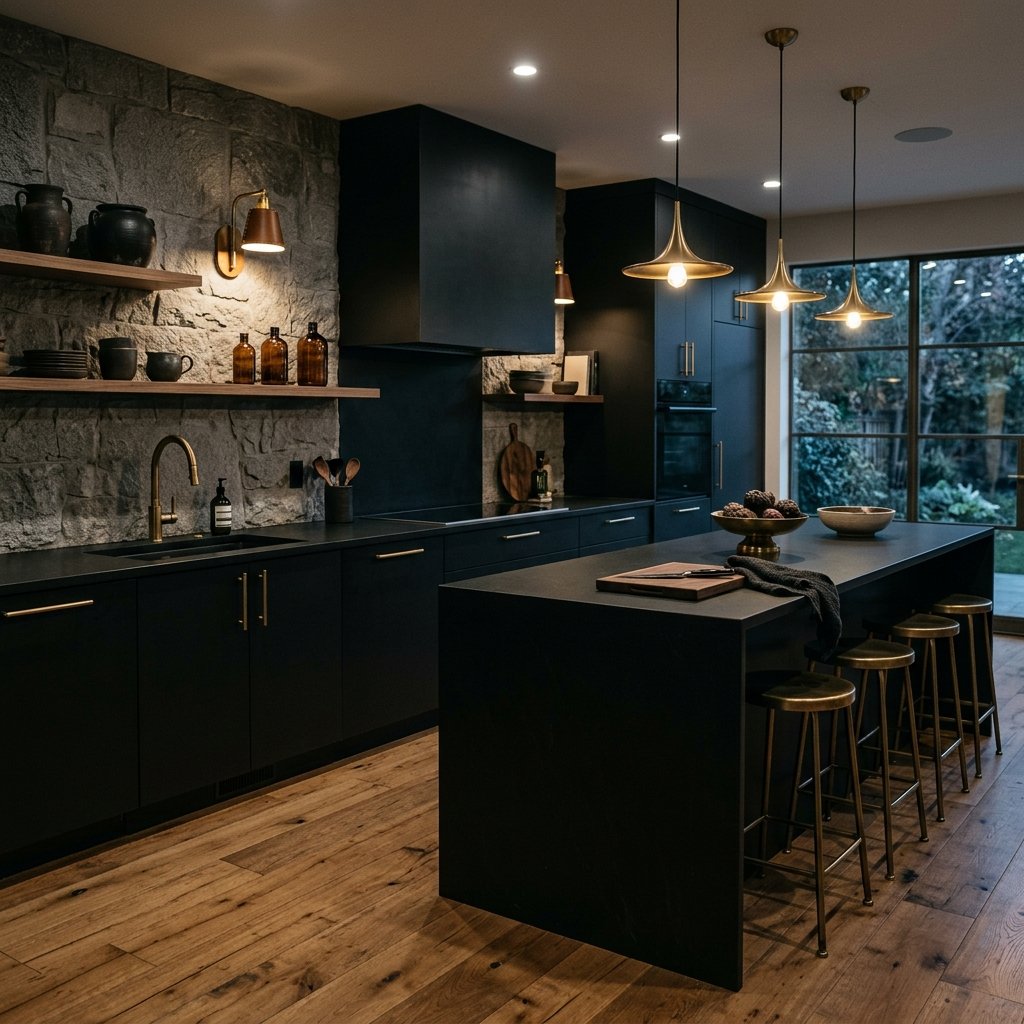 Cocina negra con acentos cálidos