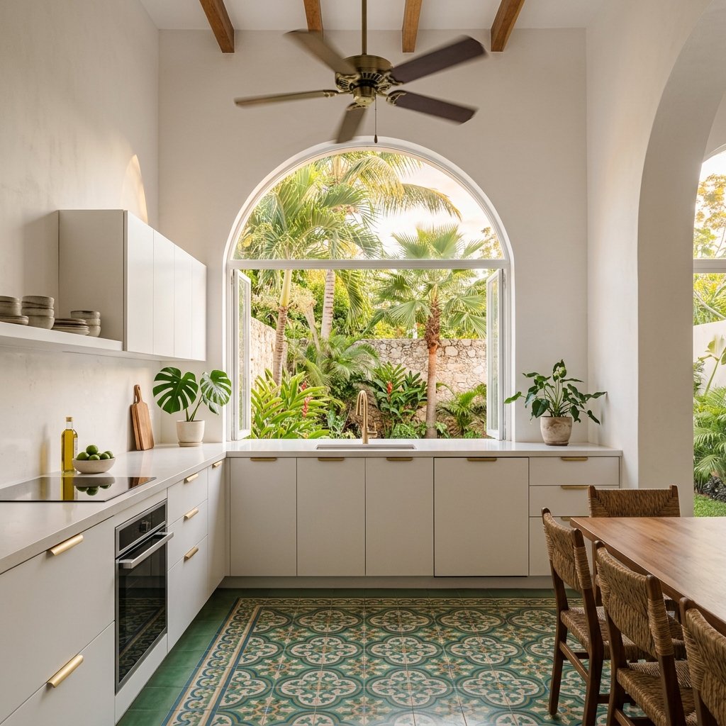 Cocina moderna en Mérida con plantas tropicales