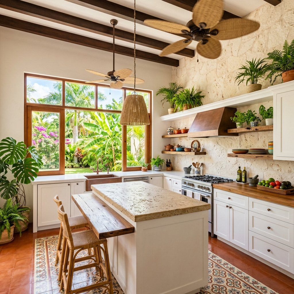 Cocina Mérida con cantera y blancos
