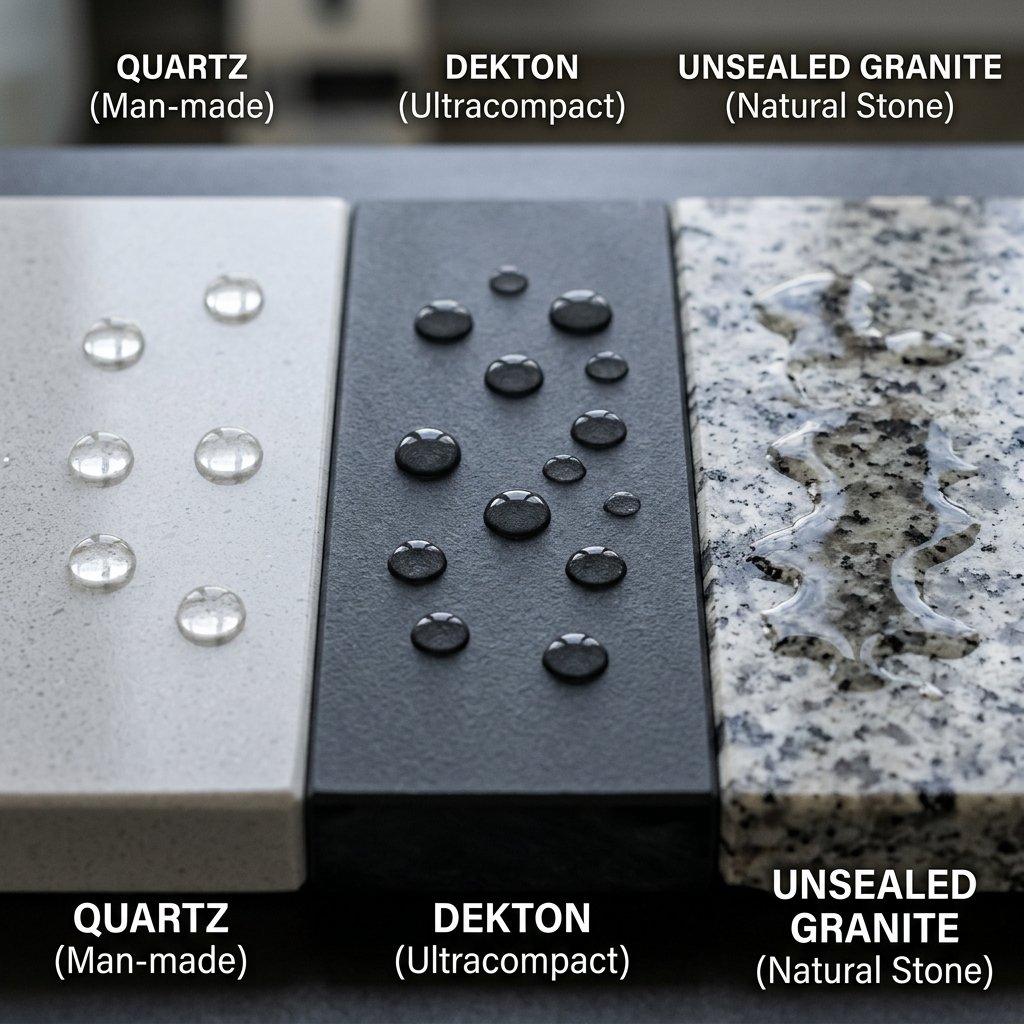 Prueba de absorción en cuarzo, granito y Dekton