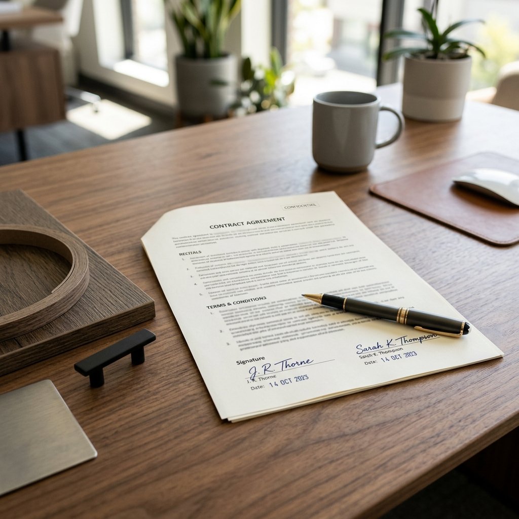 Contrato firmado con muestras de materiales