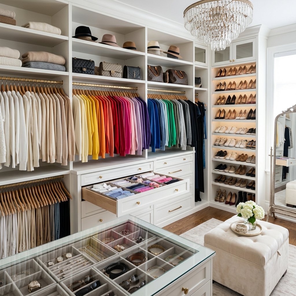 Walk-in closet perfectamente organizado